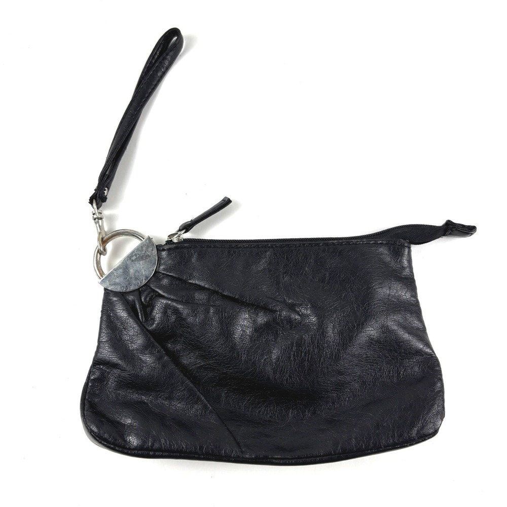 Chateau Wristlet Pouch Womens OS Black Good‎ Leather Zip Top D-Ring Detail Y2K